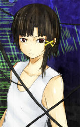 Rule 34 | 1990s (style), 1girl, 2nd, angry, asymmetrical hair, bad id, bad pixiv id, brown hair, cable, collarbone, hair tie, highres, iwakura lain, nightshirt, red eyes, serial experiments lain, solo, wire