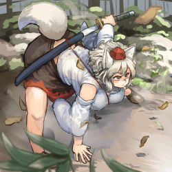 Rule 34 | 1girl, animal ears, bent over, black skirt, blurry, breasts, brown eyes, brown footwear, chanta (ayatakaoisii), depth of field, detached sleeves, drawing sword, fighting stance, focused, forest, grass, hanging breasts, hat, holding, holding sword, holding weapon, inubashiri momiji, katana, large breasts, miniskirt, moss, nature, rock, sheath, shirt, shoes, short hair, skirt, sleeveless, sleeveless shirt, solo, stance, sword, tail, thighs, tokin hat, touhou, unsheathing, weapon, white hair, white shirt, wide sleeves, wind, wolf ears, wolf tail