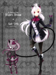 Rule 34 | 1girl, albino, animal ears, argyle, argyle background, argyle clothes, ascot, boots, cait sith (ff7), cat ears, cat tail, crown, dart, dual persona, facial tattoo, gloves, grey background, long hair, messy hair, original, pantyhose, personification, ponytail, red eyes, skirt, solo, tail, tattoo, white hair, yuukichi