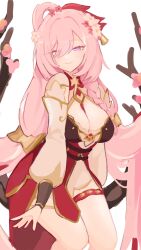 Rule 34 | 1girl, awe (adorableduckyy), bare shoulders, bell, branch, breasts, closed mouth, commentary request, detached sleeves, dress, elysia (herrscher of human:ego) (honkai impact), elysia (honkai impact), feet out of frame, flower, hair over one eye, hair rings, half-closed eyes, highres, honkai (series), honkai impact 3rd, large breasts, long sleeves, looking at viewer, pink flower, pink hair, puffy long sleeves, puffy sleeves, purple eyes, red dress, simple background, smile, solo, white background, white flower, white sleeves