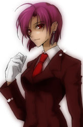Rule 34 | 00s, 1girl, bazett fraga mcremitz, black suit, fate/hollow ataraxia, fate/stay night, fate (series), formal, gloves, lowres, necktie, pant suit, pants, purple hair, red eyes, red necktie, shirt, solo, suit, white shirt