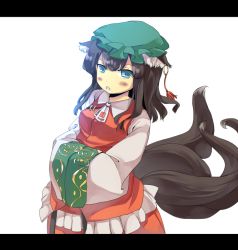 Rule 34 | 1girl, aged up, animal ears, blue eyes, brown hair, cat ears, cat girl, cat tail, chen, earrings, female focus, fusion, garnet, green hat, hands in opposite sleeves, hat, jewelry, letterboxed, multiple tails, solo, tail, touhou, yakumo ran