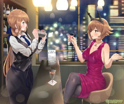 Rule 34 | 2girls, arm up, armband, bad id, bad pixiv id, bar (place), black legwear, black skirt, black vest, blush, breasts, brown hair, city lights, cityscape, cleavage, collarbone, collared shirt, commission, counter, crossed legs, crossover, cup, dress, drinking, drinking glass, flipped hair, frilled dress, frills, girls&#039; frontline, green eyes, headgear, heart lock (kantai collection), highres, indoors, jewelry, kantai collection, large breasts, long hair, long skirt, long sleeves, looking at another, multiple girls, mutsu (kancolle), necklace, night, open mouth, osananajimi neko, pantyhose, pencil skirt, ponytail, purple dress, ring, shaking, shirt, short hair, sideboob, sidelocks, sitting, skirt, sleeveless, sleeveless dress, springfield (girls&#039; frontline), standing, stool, vest, wedding band, white shirt, window
