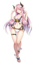 Rule 34 | 1girl, bikini, blush, braid, breasts, clenched hands, closed mouth, collarbone, commentary request, draph, closed eyes, full body, granblue fantasy, hair ornament, hair over one eye, head tilt, highres, horns, kuro emimi, large breasts, leg up, light purple hair, long hair, narmaya (granblue fantasy), narmaya (summer) (granblue fantasy), navel, pointy ears, sandals, simple background, smile, solo, swimsuit, thigh strap, very long hair, white background, white bikini