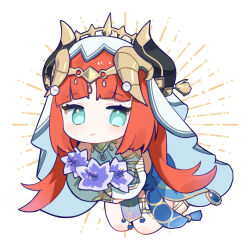 Rule 34 | 1girl, aqua eyes, black horns, blush, chibi, closed mouth, detached sleeves, flower, full body, genshin impact, harem outfit, highres, holding, holding flower, horns, hufy, long hair, looking at viewer, nilou (genshin impact), purple flower, red hair, simple background, solo, veil, very long hair, white background