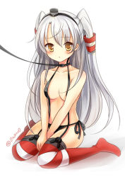 Rule 34 | 10s, 1girl, amatsukaze (kancolle), black panties, blush, breasts, choker, collar, hair tubes, kantai collection, long hair, nikoo, panties, red thighhighs, side-tie panties, silver hair, sitting, small breasts, solo, thighhighs, twitter username, underwear, underwear only, v arms, wariza, yellow eyes