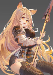 Rule 34 | animal ears, arknights, belt, belt buckle, boots, breasts, buckle, ceobe (arknights), cross-laced footwear, dog ears, dog tail, dress, eyebrows, eyelashes, fang, hair between eyes, highres, holding, holding weapon, lace, lace-up boots, light brown hair, long hair, long sleeves, open mouth, orange eyes, polearm, puffy sleeves, short dress, simple background, skin fang, spear, tail, thigh boots, thighhighs, weapon, xiao feng