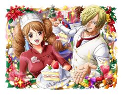 Rule 34 | 1boy, 1girl, bell, blonde hair, brown eyes, brown hair, cake, cake slice, candle, charlotte pudding, cigarette, flower, food, fruit, gift, hair over one eye, holding, holding plate, looking at viewer, necktie, official art, one piece, one piece treasure cruise, open mouth, plate, red flower, red necktie, sanji (one piece), smoking, strawberry, teeth, tray, twintails