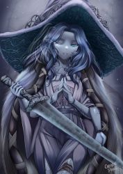 Rule 34 | 1girl, absurdres, blue hair, caiman pool, cloak, colored skin, cowboy shot, cracked skin, dress, elden ring, extra arms, extra faces, flat chest, fur cloak, green eyes, grey dress, grey skin, hat, head tilt, highres, holding, holding sword, holding weapon, jewelry, joints, looking at viewer, moonlight greatsword, one eye closed, own hands together, ranni the witch, ring, signature, smile, solo, standing, steepled fingers, sword, weapon, witch hat