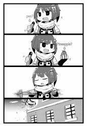 Rule 34 | 1girl, 4koma, :d, arrow (symbol), blush, building, comic, d:, elbow gloves, english text, explosion, explosive, closed eyes, fingerless gloves, gloves, grenade, greyscale, hair ornament, highres, holding, holding torpedo, inishie, kantai collection, meme, monochrome, motion lines, neckerchief, open mouth, parody, pen-pineapple-apple-pen, remodel (kantai collection), scarf, sendai (kancolle), short hair, sleeveless, smile, torpedo, two side up, window