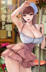 Rule 34 | 1girl, absurdres, armpit stubble, armpits, breasts, brown eyes, brown hair, cleavage, clothes lift, dress, frilled dress, frilled skirt, frills, highres, large breasts, mole, mole on breast, mole on thigh, mute (mute89539160), original, outdoors, panties, panty peek, short dress, skirt, skirt lift, smile, solo, sweat, thick thighs, thighs, towel, towel on head, underwear, wiping sweat