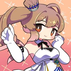 Rule 34 | 1girl, artist name, black ribbon, blush, breasts, bright pupils, brown eyes, brown hair, cevio, commentary request, crown, detached collar, dress, elbow gloves, gloves, gradient background, hair bun, halftone, heart, large breasts, long hair, looking at viewer, mini crown, neck ribbon, orange background, pink background, ribbon, satou sasara, shi oh, side ponytail, single side bun, smile, solo, sparkle background, strapless, strapless dress, underbust, upper body, white dress, white gloves, white pupils