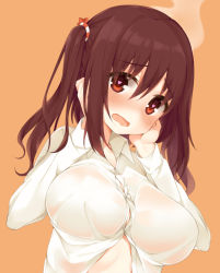 Rule 34 | 10s, 1girl, bad id, bad pixiv id, blush, breasts, brown eyes, brown hair, ebina nana, heart, heart-shaped pupils, himouto! umaru-chan, huge breasts, large breasts, long hair, looking at viewer, mirei, no bra, open mouth, school uniform, see-through, shirt, simple background, smoke, solo, symbol-shaped pupils, twintails, wavy mouth, wet, wet clothes