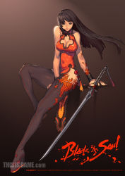 Rule 34 | 10s, 1girl, black background, black eyes, black hair, black thighhighs, blade &amp; soul, boots, breasts, china dress, chinese clothes, cleavage, cleavage cutout, clothing cutout, copyright name, dress, female focus, high heel boots, high heels, highres, jpeg artifacts, kim hyung tae, large breasts, legs, long hair, long legs, platform footwear, simple background, solo, sword, thigh boots, thighhighs, thighs, watermark, weapon, wedge heels