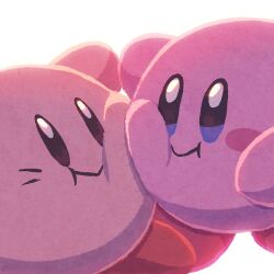Rule 34 | blue eyes, cheek-to-cheek, closed mouth, dual persona, heads together, highres, kirby, kirby (series), looking at another, miclot, nintendo, no humans, simple background, smile, white background