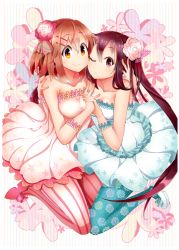 Rule 34 | 2girls, bad id, bad pixiv id, black hair, blue dress, bow, brown eyes, brown hair, dress, earrings, floral background, floral print, flower, flower bracelet, flower earrings, frilled dress, frills, hair bow, hair flower, hair ornament, hairclip, hirasawa yui, holding hands, hug, jewelry, k-on!, kuzu kow, loafers, long hair, multiple girls, nakano azusa, one eye closed, pantyhose, patterned legwear, pink dress, shoes, short hair, smile, striped clothes, striped legwear, striped pantyhose, vertical-striped clothes, vertical-striped legwear, vertical-striped pantyhose