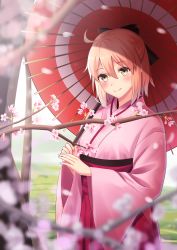Rule 34 | 1girl, absurdres, ahoge, bad id, bad pixiv id, black ribbon, blonde hair, blurry, blurry foreground, blush, branch, cherry blossoms, cowboy shot, fate/grand order, fate (series), flower, furan (pixiv20237436), hair between eyes, hair ribbon, highres, holding, holding umbrella, japanese clothes, kimono, long sleeves, looking at viewer, oil-paper umbrella, okita souji, okita souji (fate), okita souji (koha-ace), petals, pink kimono, ribbon, short hair, smile, solo, umbrella, wide sleeves, yellow eyes