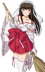 Rule 34 | 00s, 1girl, brown eyes, brown hair, female focus, hair ribbon, ikkitousen, japanese clothes, long hair, looking at viewer, miko, official art, ribbon, simple background, smile, solo, ten&#039;i (ikkitousen), thighhighs, white background, white ribbon, white thighhighs