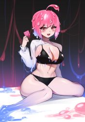 Rule 34 | 1girl, absurdres, ahoge, bikini, black bikini, breasts, cleavage, commission, condom, condom wrapper, fang, gradient skin, highres, large breasts, long sleeves, looking at viewer, monster girl, navel, no pants, original, pink hair, red-red eyes, sbgu, short hair, shrug (clothing), sitting, slime (substance), slime girl, solo, stomach, string bikini, swimsuit, thighs, transformation, wariza