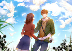 Rule 34 | 1boy, 1girl, absurdres, animal, bird, black skirt, blue pants, blue sky, blurry, blurry foreground, brown eyes, brown hair, camera, closed eyes, closed mouth, cloud, cloudy sky, dove, green eyes, green jacket, grin, highres, holding hands, jacket, jewelry, key, long sleeves, luke pearce (tears of themis), necklace, open clothes, open jacket, open mouth, outdoors, pants, red jacket, rosa (tears of themis), shirt, skirt, sky, smile, tears of themis, teeth, yellow shirt, zoulangyingzi