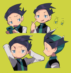 Rule 34 | 1boy, absurdres, black hair, blue eyes, blush stickers, closed mouth, commentary request, creatures (company), game freak, green background, green hair, green necktie, half-closed eyes, hand up, highres, holding, index finger raised, long sleeves, looking at viewer, male focus, multicolored hair, multiple views, necktie, nintendo, open mouth, pokemon, pokemon dppt, pokemon platinum, shirt, short hair, smile, suzuka g, sweat, thorton (pokemon), two-tone hair