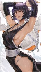 Rule 34 | 1girl, armpit crease, armpits, arms up, bare hips, black hair, bleach, breasts, hakama, highres, japanese clothes, looking at viewer, magion02, medium breasts, parted lips, short hair, short hair with long locks, sideboob, sideless outfit, solo, sui-feng, sweat