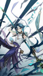 Rule 34 | 1boy, absurdres, aqua hair, armor, bead bracelet, beads, blue pants, bracelet, closed mouth, detached sleeves, facial mark, forehead mark, genshin impact, highres, holding, holding polearm, holding weapon, jewelry, looking at viewer, male focus, pants, pitohuibloodbend, polearm, primordial jade winged-spear (genshin impact), shirt, short hair, signature, simple background, single sleeve, solo, spikes, tassel, weapon, white background, white shirt, xiao (genshin impact), yellow eyes