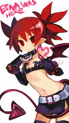 Rule 34 | 1girl, bare shoulders, belt, black gloves, bracelet, breasts, choker, crestquest, demon girl, demon tail, disgaea, etna (disgaea), flat chest, gloves, heart, highres, jewelry, long hair, looking at viewer, makai senki disgaea, navel, pointing, pointing at viewer, pointy ears, red eyes, red hair, red thighhighs, simple background, skirt, tail, thighhighs, twintails, very long hair, wings