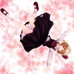 Rule 34 | 1girl, ahoge, ascot, bad id, bad pixiv id, blonde hair, embodiment of scarlet devil, female focus, hair ribbon, highres, mary janes, open mouth, outstretched arms, red eyes, ribbon, rumia, shoes, short hair, skirt, skirt set, smile, socks, solo, spread arms, touhou, tsukishiro saika, upside-down, white socks