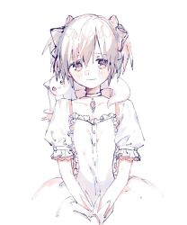 Rule 34 | 1girl, :3, blush, bubble skirt, buttons, choker, closed mouth, collarbone, creature, creature on shoulder, dot nose, flat chest, frilled sleeves, frills, gloves, hair ribbon, happy, kaname madoka, kyubey, looking at viewer, mahou shoujo madoka magica, mahou shoujo madoka magica (anime), on shoulder, own hands together, pale color, pink choker, pink eyes, pink hair, pink ribbon, pink theme, puffy sleeves, ribbon, ribbon choker, simple background, skirt, smile, solo, soul gem, tail, twintails, upper body, v arms, white background, white gloves, white skirt, yamori shiki