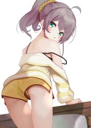 Rule 34 | 1girl, ahoge, ass, bare shoulders, blush, brown hair, buket pudding i, camisole, clothes pull, from behind, from below, green eyes, highres, hololive, leaning forward, looking at viewer, looking back, natsuiro matsuri, natsuiro matsuri (matsuri&#039;s day off), panties, scrunchie, short shorts, shorts, side ponytail, solo, sweater, sweater pull, underwear, upshorts, virtual youtuber, white background