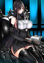Rule 34 | 1girl, black hair, black thighhighs, book, breasts, bridal gauntlets, character request, copyright request, elbow gloves, female focus, gloves, hair over one eye, large breasts, long hair, looking at viewer, mugenshiki, red eyes, sitting, smile, solo, thighhighs, very long hair, zettai ryouiki