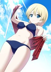 Rule 34 | 10s, 1girl, bikini, blonde hair, blue bikini, blue eyes, blue sky, braid, breasts, closed mouth, commentary request, darjeeling (girls und panzer), day, dutch angle, from below, girls und panzer, gluteal fold, highres, holding, holding towel, light rays, looking at viewer, medium breasts, navel, outdoors, red towel, shiina excel, short hair, sky, smile, solo, standing, swept bangs, swimsuit, thigh gap, thighs, towel