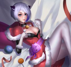 Rule 34 | 1girl, angel (kof), animal ears, bell, blue eyes, breasts, candy, capelet, cat ears, choker, christmas, cleavage, facial mark, food, gloves, highres, kemonomimi mode, lollipop, looking at viewer, lying, medium breasts, neck bell, on back, oroo, pantyhose, paw pose, short hair, silver hair, slit pupils, smile, snk, solo, swirl lollipop, the king of fighters, unzipped, whisker markings, white gloves, white pantyhose, yarn, yarn ball