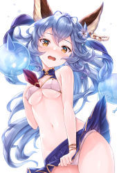 Rule 34 | 1girl, animal ears, bangle, bare arms, bare shoulders, bikini, bikini skirt, blue flower, blue hair, blue skirt, blush, bracelet, breasts, brown eyes, chain, cleavage, clothes lift, commentary request, cowboy shot, ear piercing, earrings, embarrassed, erune, ferry (granblue fantasy), ferry (summer) (granblue fantasy), flower, fugee (granblue fantasy), gloves, granblue fantasy, hair between eyes, hair flower, hair ornament, hand on own chest, highres, jewelry, long hair, looking at viewer, medium breasts, navel, nicola (granblue fantasy), open mouth, panties, piercing, rabbit ears, simple background, skirt, skirt lift, skirt tug, small breasts, solo, stomach, swimsuit, thighs, tomo (tmtm mf mf), underboob, underwear, very long hair, wavy hair, wavy mouth, white background, white bikini, white panties