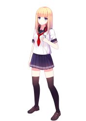 Rule 34 | 1girl, absurdres, bad id, bad pixiv id, black thighhighs, blonde hair, blue eyes, blue skirt, full body, headphones, headphones around neck, highres, long hair, looking at viewer, original, pleated skirt, shirt, simple background, skirt, solo, thighhighs, uniform, unscpro, white background, white shirt