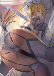 Rule 34 | 1girl, absurdres, ass, backless outfit, bare shoulders, bed, bed sheet, bent over, blonde hair, blue eyes, blush, breasts, dungeon ni deai wo motomeru no wa machigatteiru darou ka, elf, evening, fingerless gloves, from behind, garter straps, gloves, highres, indoors, looking back, lying, medium hair, on bed, on stomach, panties, pillow, pointy ears, ponytail, pussy, ryu lion, sayaka ikku, shorts, shy, sideboob, smile, solo, sweat, thighhighs, thighs, underwear, white shorts