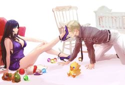 Rule 34 | 1boy, 1girl, all fours, alternate costume, bare arms, bare shoulders, black hair, black necktie, blonde hair, blue dress, blue eyes, breasts, chair, chocobo, collar, cradle, crawling, doll, dress, final fantasy, final fantasy vii, final fantasy vii remake, hand on own leg, hetero, high heels, highres, leg up, legs, long hair, looking at another, materia, moogle, necktie, official alternate costume, orb, pants, parody, parted lips, red eyes, rocking chair, rufus shinra, sabotender, shirt, shoes, short dress, short hair, simple background, sitting, spykeee, square enix, stiletto heels, stuffed toy, style parody, the wolf of wall street, thighs, tifa lockhart, tifa lockhart (refined dress), toy, twitter username, wall market, white background, white pants, wing collar