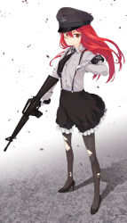 Rule 34 | 1girl, armband, assault rifle, gloves, gun, hat, high heels, holding, long hair, m16, m16a1, maeda risou, military, military uniform, necktie, original, pantyhose, peaked cap, red eyes, red hair, rifle, shadow, shoes, solo, standing, suspenders, torn clothes, torn pantyhose, uniform, weapon, white gloves, wind