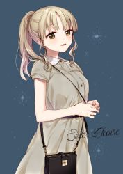 Rule 34 | 1girl, bag, belt, black belt, blue background, blush, breasts, brown eyes, brown shirt, brown skirt, character name, collared shirt, dress shirt, handbag, head tilt, high ponytail, light brown hair, long hair, looking at viewer, medium breasts, nijisanji, parted bangs, parted lips, ponytail, shirt, shoulder bag, sidelocks, sister claire, sister claire (3rd costume), skirt, smile, solo, virtual youtuber, yamabukiiro