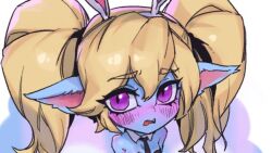 Rule 34 | 1girl, animal ears, bare shoulders, black necktie, blonde hair, blush, detached collar, fake animal ears, fang, hair between eyes, league of legends, leotard, long hair, necktie, open mouth, phantom ix row, playboy bunny, pointy ears, poppy (league of legends), purple background, purple eyes, solo, twintails, white background, yordle