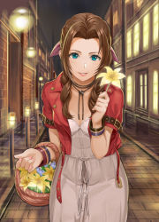 Rule 34 | 1girl, aerith gainsborough, basket, bell (szkdddd), blue eyes, blush, bow, brown hair, building, city, cropped jacket, dress, final fantasy, final fantasy vii, final fantasy vii remake, fingernails, flower, hair bow, hair intakes, hair over shoulder, hand up, highres, holding, holding basket, holding flower, jacket, lanyard, lily (flower), lips, long hair, looking at viewer, loveless avenue, midgar, nail polish, night, open clothes, open jacket, outdoors, parted hair, parted lips, pink nails, red jacket, road, sett, short sleeves, smile, solo, square enix, standing, street, white dress, wristband