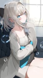 Rule 34 | 1girl, black bow, blue eyes, blurry, blurry background, blush, bow, breasts, bubble, closed mouth, collarbone, commentary request, day, depth of field, dress, grey hair, grey jacket, hair between eyes, hair bow, hair intakes, hand up, highres, holding, holding pillow, indoors, itoi toi (neo-porte), jacket, kamioka shun&#039;ya, long hair, long sleeves, looking at viewer, neo-porte, open clothes, open jacket, pillow, ponytail, sitting, sleeveless, sleeveless dress, sleeves past wrists, small breasts, solo, sunlight, virtual youtuber, white dress, window, yokozuwari