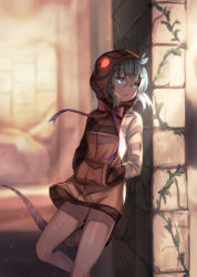 Rule 34 | 10s, 1girl, :/, against wall, aqua eyes, aqua hair, blurry, closed mouth, depth of field, dolce (dolsuke), from side, glowing, glowing eye, hair between eyes, hands in pockets, hood, hoodie, kemono friends, leaning, looking to the side, plant, red eyes, snake tail, solo, standing, tail, tsuchinoko (kemono friends), vines