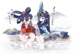Rule 34 | 2girls, barefoot, breasts, closed eyes, feet, full body, holding hands, japanese clothes, kimono, kokorowa-hime, multiple girls, okobo, onsen, open mouth, sakuna-hime, sandals, sitting, small breasts, steam, tensui no sakuna-hime, text focus, toes, translation request, unworn sandals, up (mmmmmmmmss)