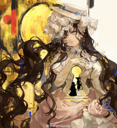 Rule 34 | 2girls, absurdres, black hair, bow, curly hair, dress, dress flower, flower, gloves, gown, gustav klimt (style), hand on own chest, hand up, hat, hat bow, highres, isolde (reverse:1999), juliet sleeves, kakania (reverse:1999), kannazukii, keyhole, long hair, long sleeves, looking at viewer, multiple girls, parted lips, pink dress, pink flower, pink rose, puffy sleeves, purple eyes, reverse:1999, rose, silhouette, solo focus, stairs, tilted headwear, two-tone dress, very long hair, weibo logo, weibo username, white bow, white dress, white hat, white veil, yellow background, yellow gloves