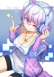 Rule 34 | 1girl, antenna hair, bike shorts, black shorts, blue nails, borrowed character, breasts, cleavage, closed mouth, collarbone, commission, glasses, gradient hair, grey hair, headphones, highres, index finger raised, jewelry, large breasts, long sleeves, looking at viewer, mitake eil, multicolored hair, nail polish, necklace, one eye closed, original, over-kneehighs, purple-framed eyewear, purple eyes, purple hair, short hair, shorts, skeb commission, smile, solo, thighhighs