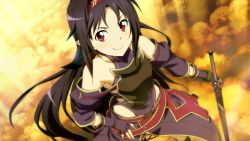 Rule 34 | 1girl, black hair, detached sleeves, fingerless gloves, game cg, gloves, hair ornament, highres, holding, holding sword, holding weapon, long hair, looking at viewer, official art, red eyes, smile, solo, sword, sword art online, sword art online: hollow fragment, weapon, yuuki (sao)