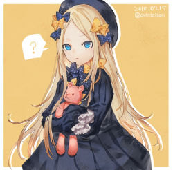 Rule 34 | 1girl, ?, abigail williams (fate), black bow, black dress, black hat, blonde hair, blue eyes, bow, commentary request, dated, dress, fate (series), hair bow, hat, highres, hugging object, long hair, long sleeves, looking at viewer, orange bow, parted bangs, polka dot, polka dot bow, shionty, simple background, sleeves past fingers, sleeves past wrists, solo, spoken question mark, stuffed animal, stuffed toy, teddy bear, very long hair