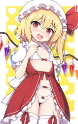 Rule 34 | 1girl, adapted costume, blonde hair, blush, bra, cowboy shot, crystal, fang, flandre scarlet, hair between eyes, hat, heart, heart background, highres, long hair, looking at viewer, mob cap, navel, one side up, open mouth, paid reward available, panties, red eyes, revealing clothes, rizento, short sleeves, solo, thighhighs, touhou, underwear, white bra, white hat, white panties, white thighhighs, wings